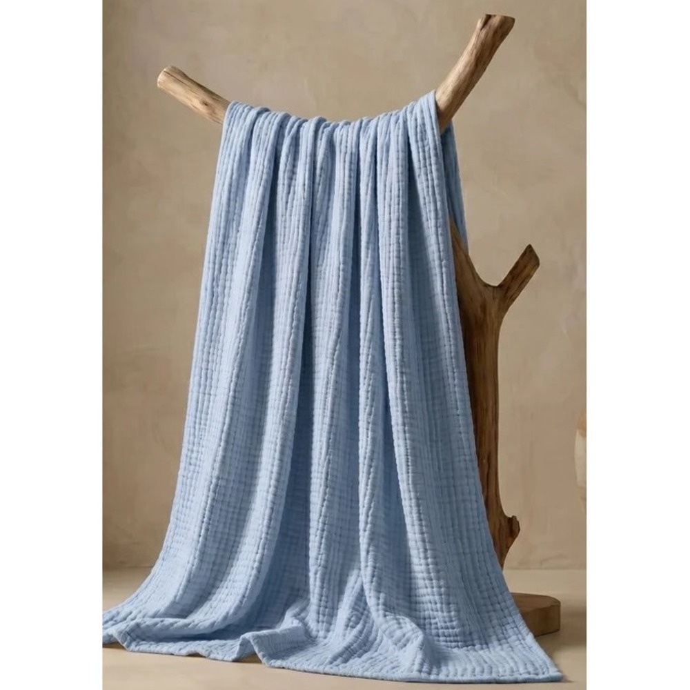 The Fleece Company Muslin Blanket Baby Blue 100% Cotton Large Throw 60x80
